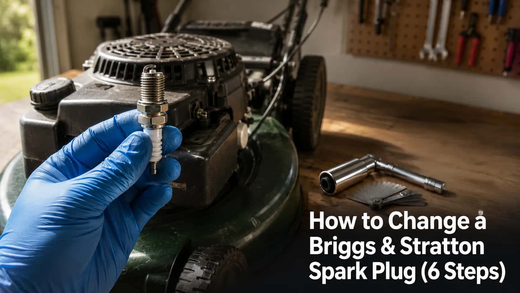 Blue-gloved hand holding a Briggs & Stratton lawn mower spark plug above a push-mower engine on a garage workbench, with a spark plug socket and feeler gauge nearby before replacement.