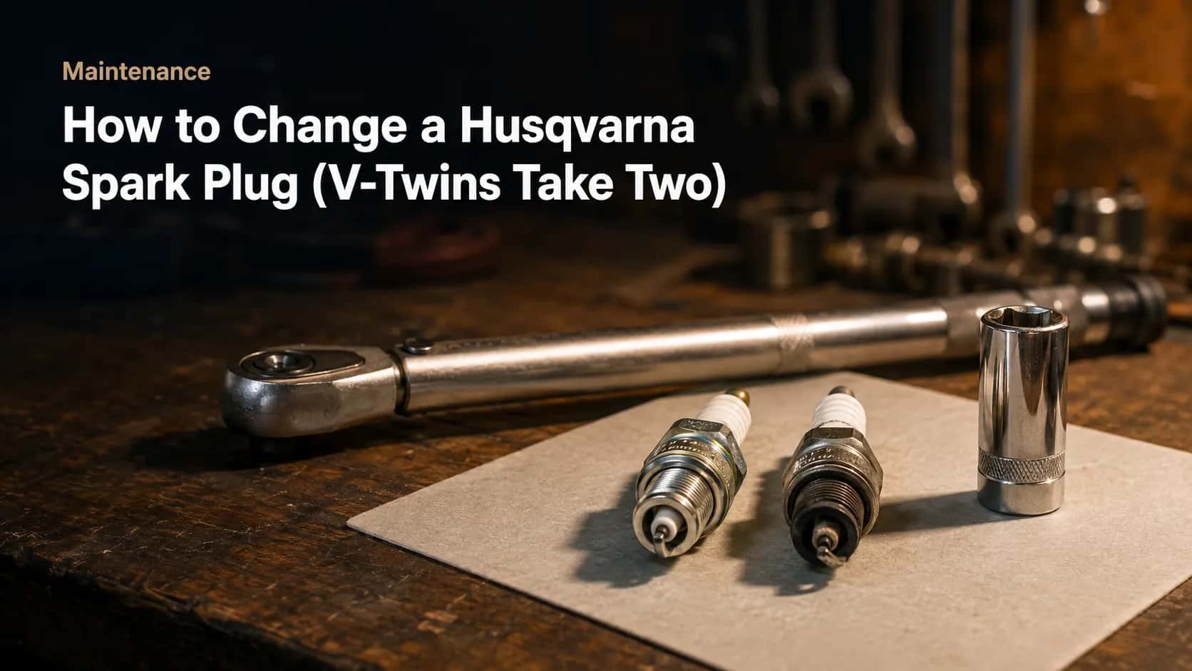 New and used Husqvarna V-twin mower spark plugs beside a torque wrench and 5/8-inch spark plug socket on a workshop bench, showing the difference before and after replacement.