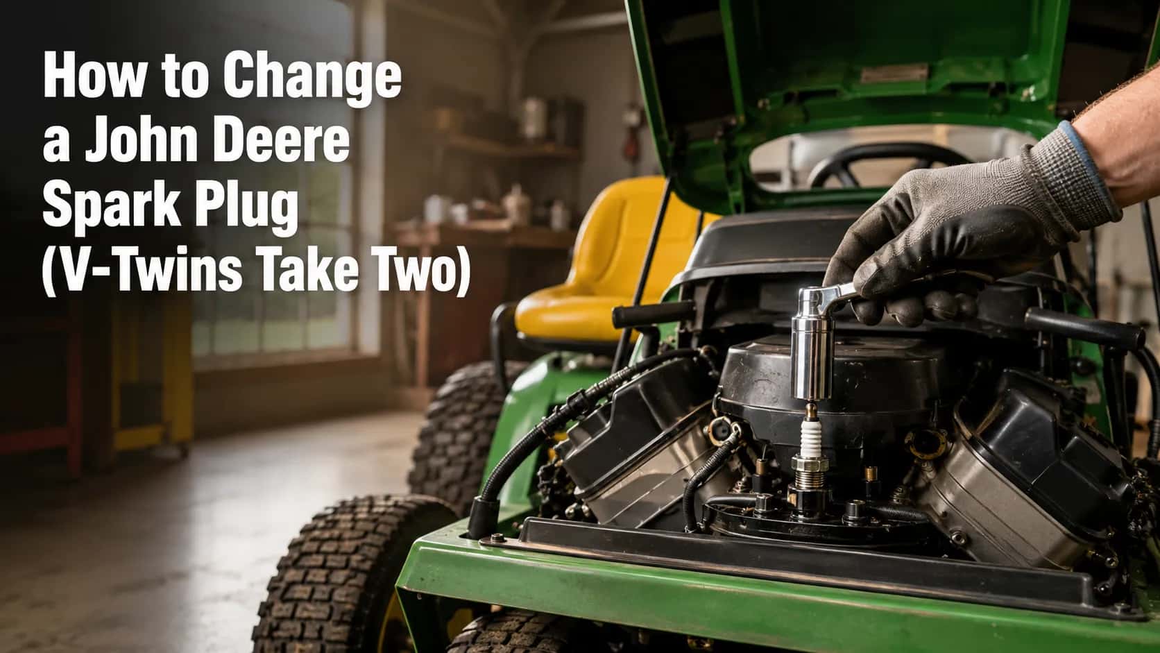Gloved hand using a 5/8-inch spark plug socket to remove a spark plug from a John Deere V-twin riding mower engine with the hood open.