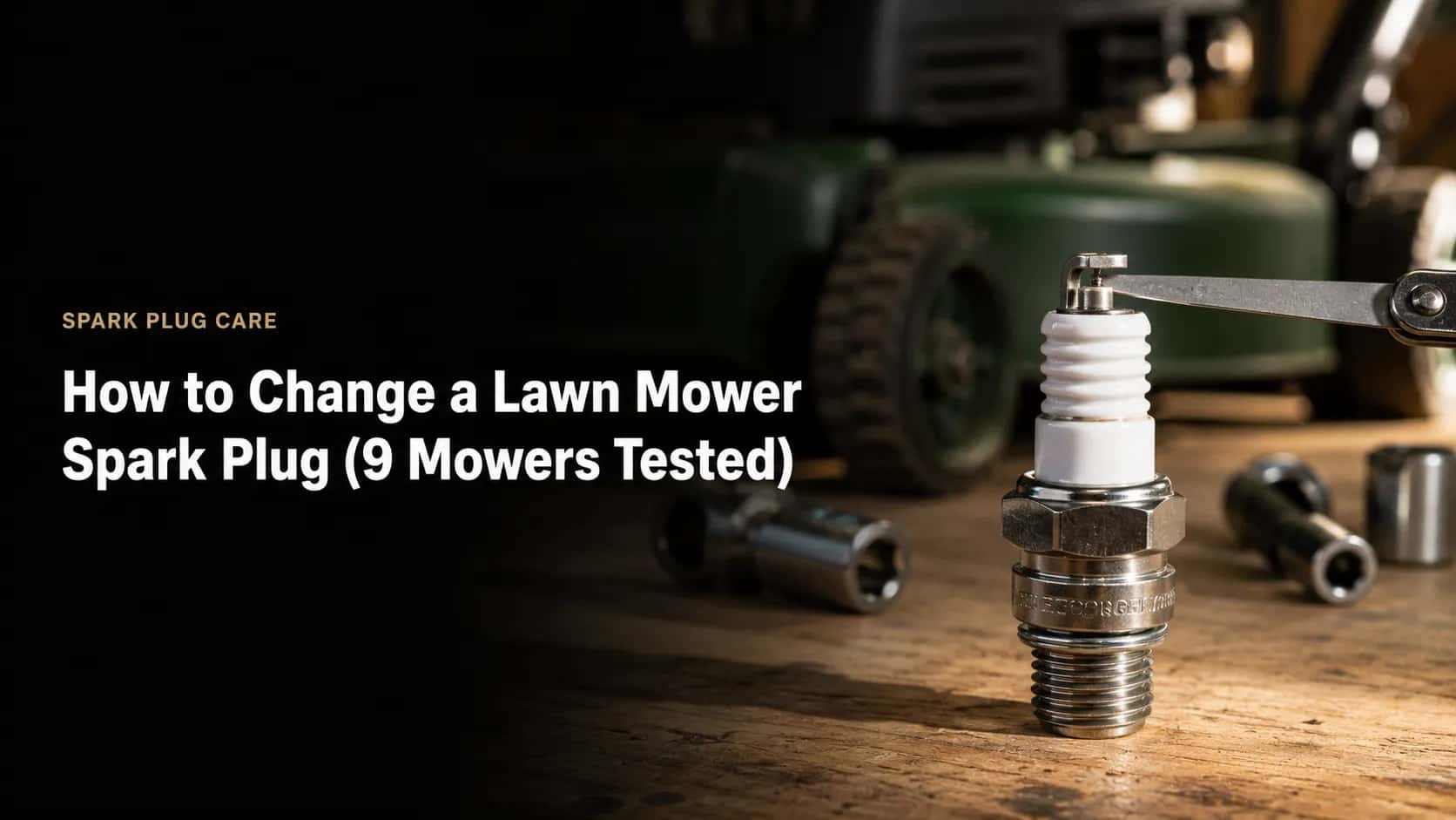 New lawn mower spark plug on a workbench with a feeler gauge measuring the electrode gap, sockets in the background and a blurred green mower, illustrating how to change a mower spark plug.