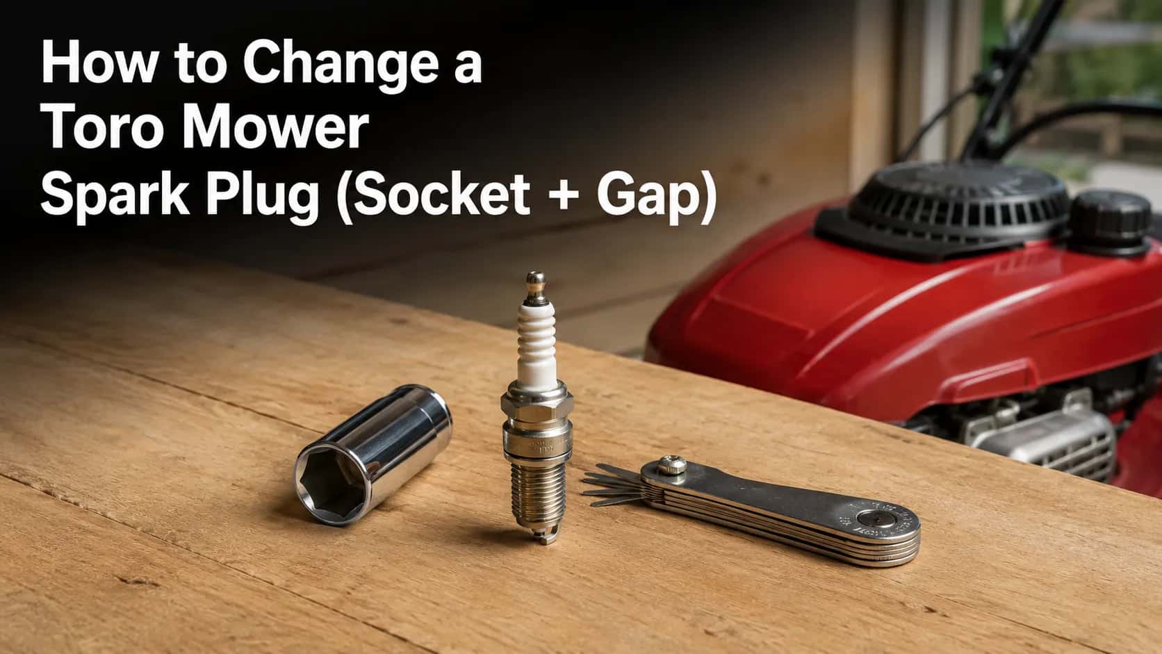 New spark plug, 5/8-inch spark plug socket, and feeler gauge on a workbench beside a red Toro walk-behind mower engine with a tutorial title about changing the spark plug and setting the gap.