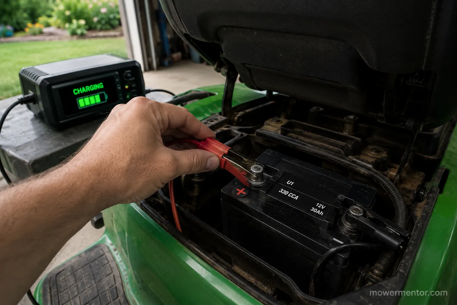Charging a riding lawn mower battery in place under the seat with a smart charger.