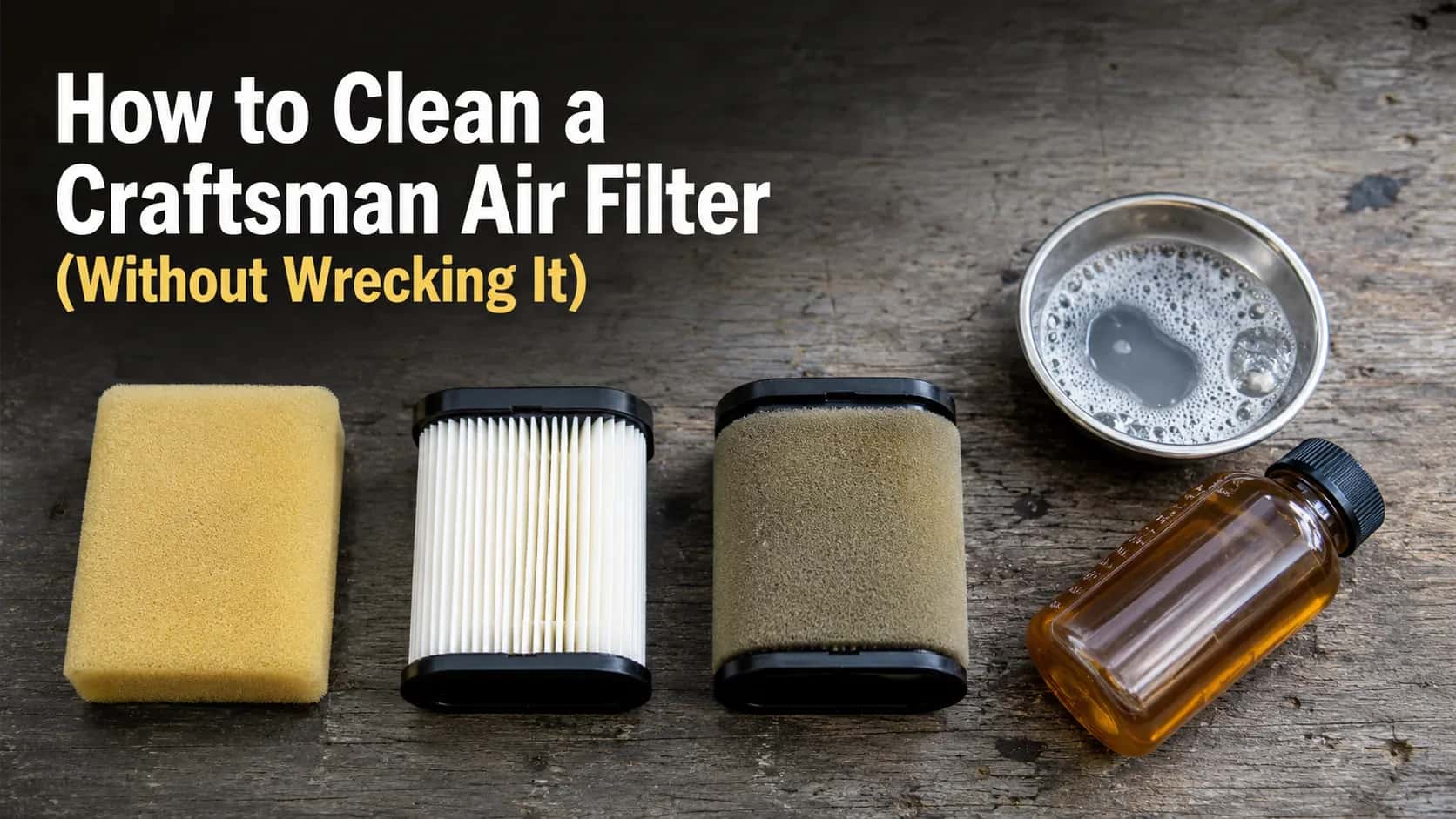 Overhead flat lay of foam, paper, and dual-stage Craftsman lawn mower air filters beside soapy water and engine oil, illustrating how to clean a Craftsman air filter without damaging it.