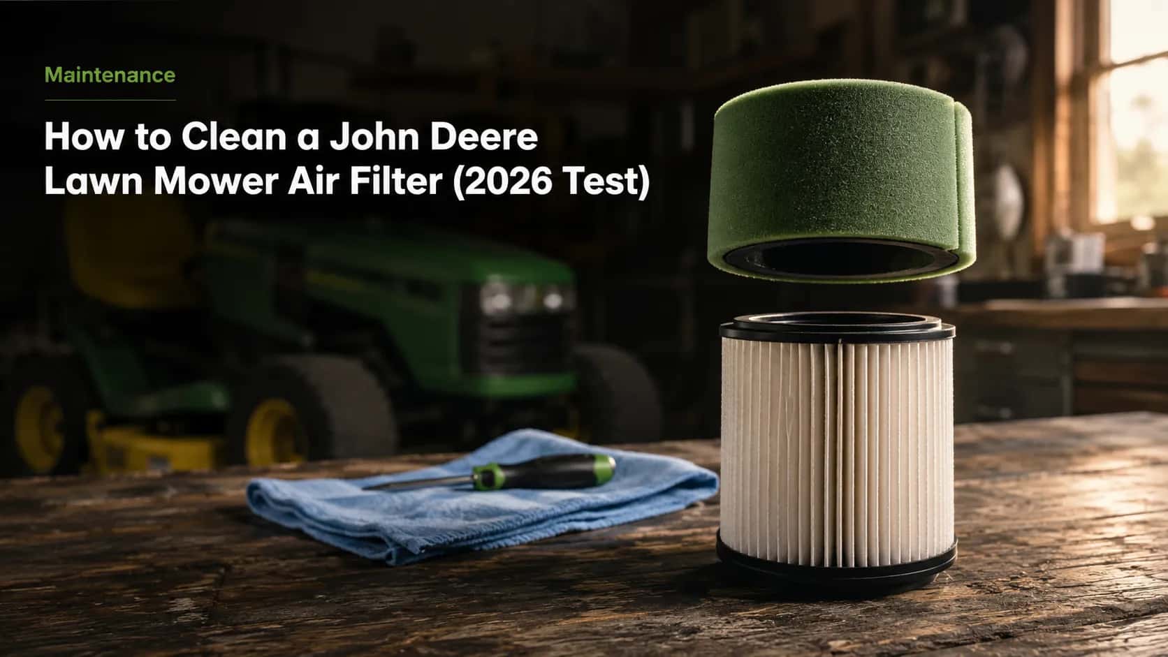 Two lawn mower air filter parts on a workbench, showing a foam pre-filter above a pleated paper filter to illustrate which part can be washed during John Deere air filter maintenance.