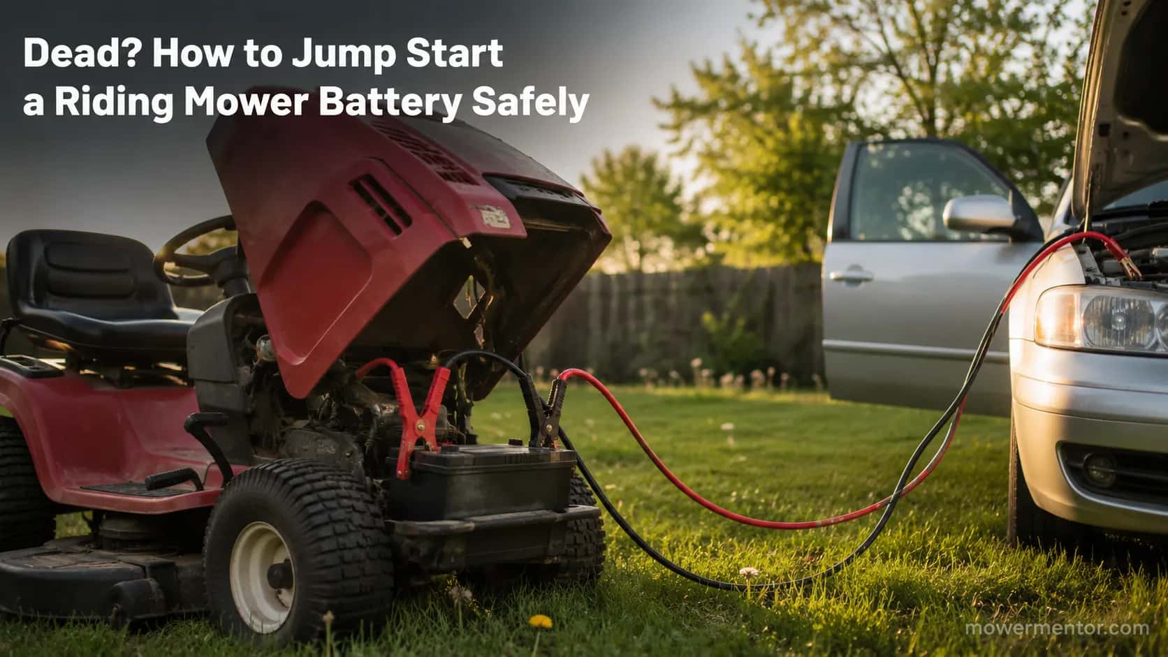 Jumper cables connecting a car to a red riding lawn mower to jump start its dead battery in a spring backyard.