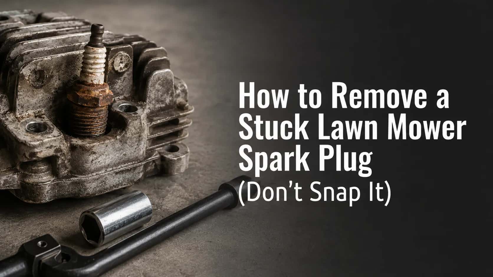 Corroded spark plug stuck in a weathered aluminum lawn mower cylinder head with a socket and breaker bar beside it, illustrating safe spark plug removal.