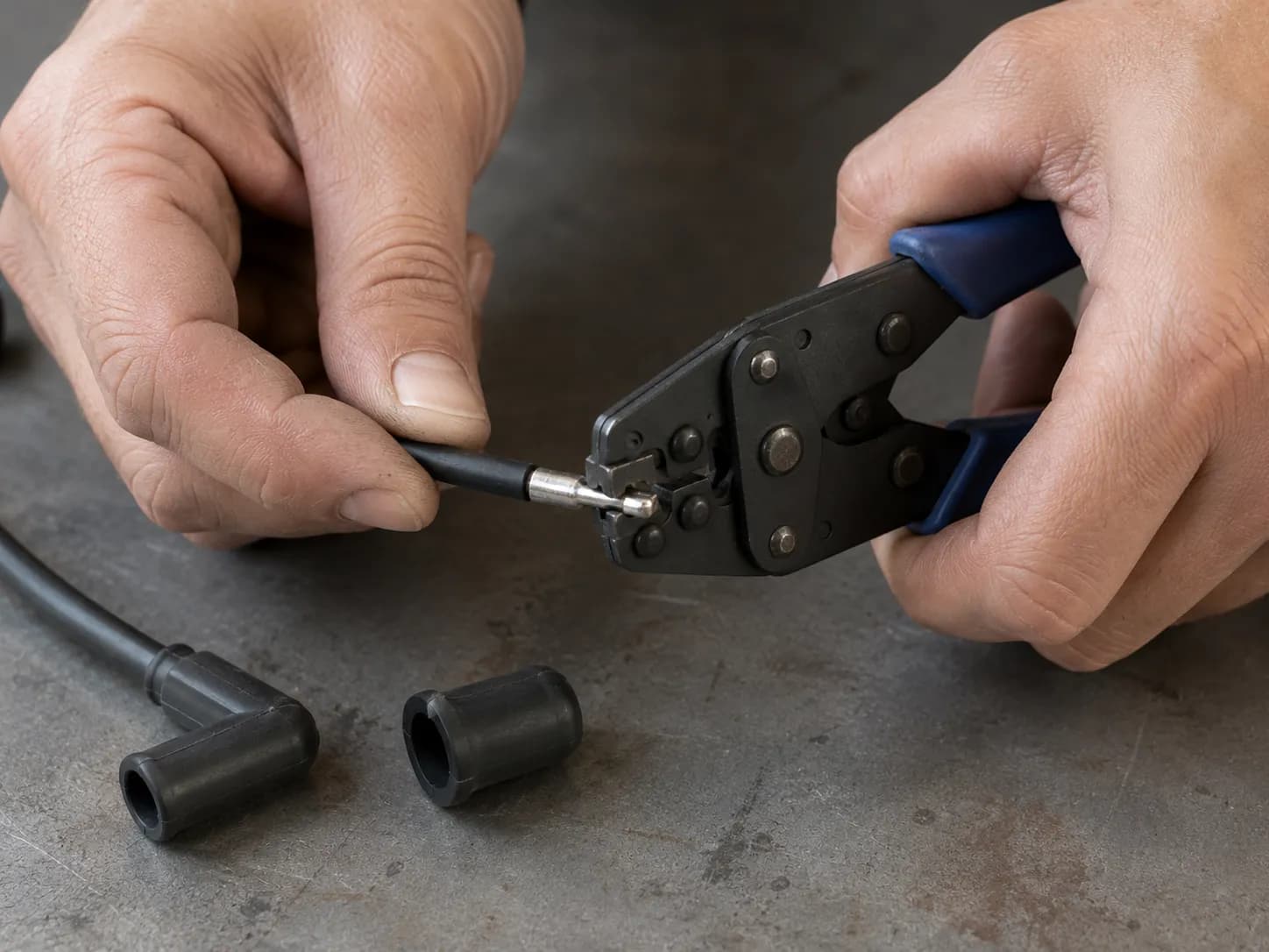 Hands using a crimping tool to repair a lawn mower spark plug wire by attaching a new wire terminal to the ignition lead on a workbench during the repair process.