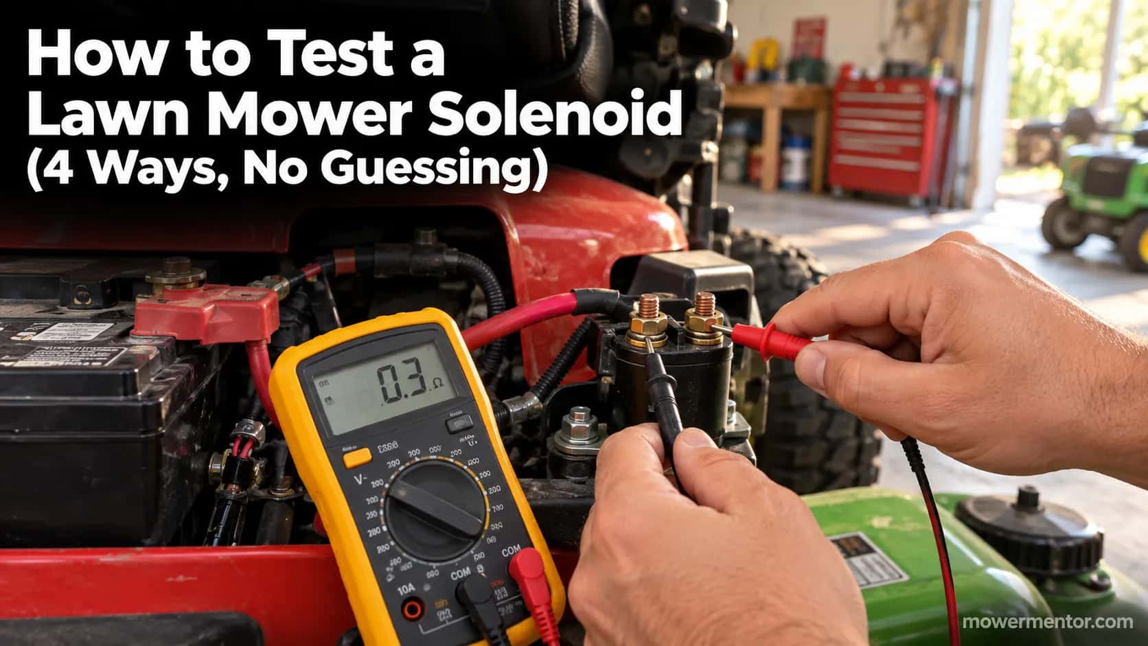 Testing a lawn mower starter solenoid terminals with a yellow multimeter on a red riding mower.