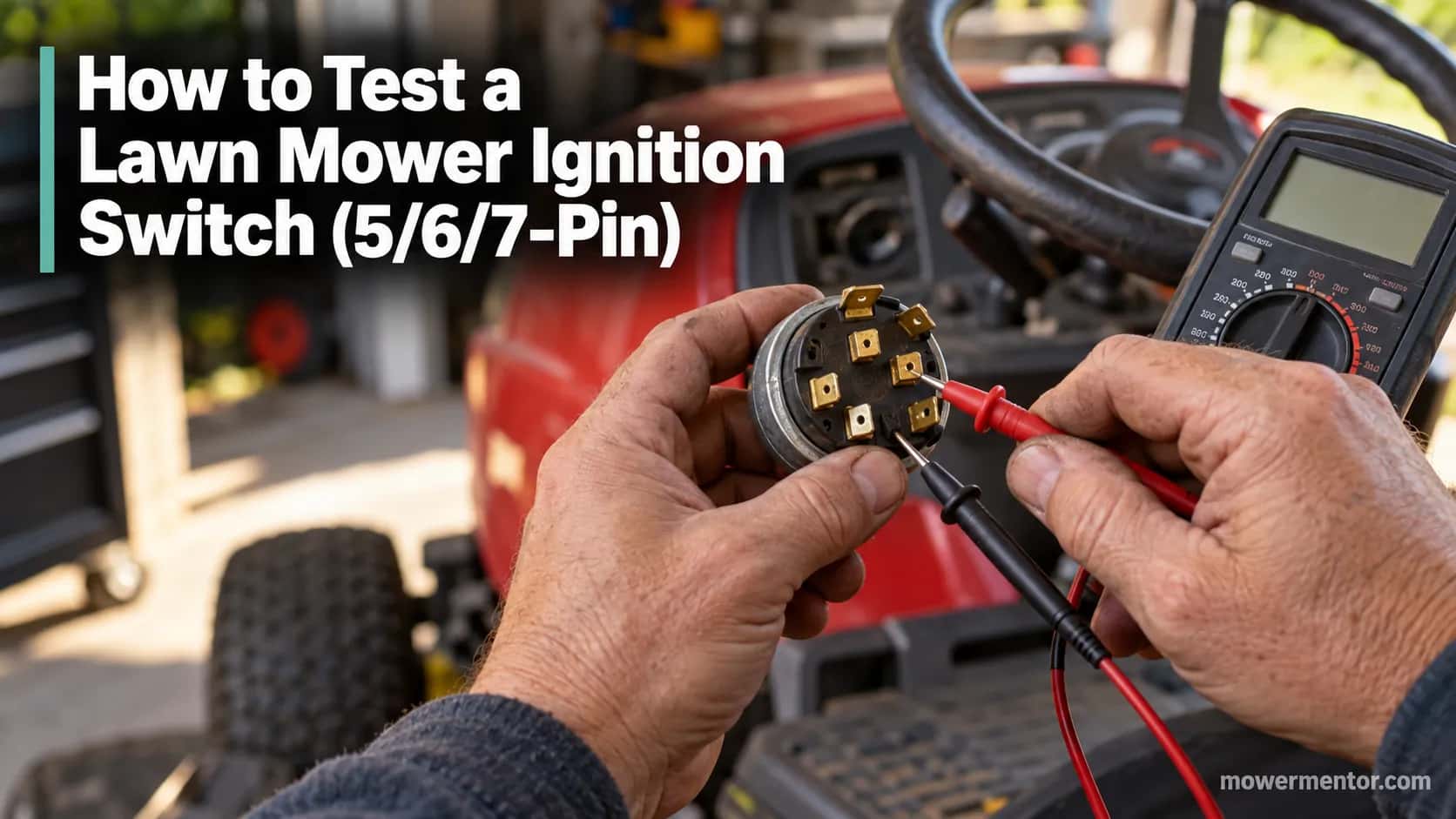 testing a lawn mower ignition switch with a multimeter on a red riding mower dashboard