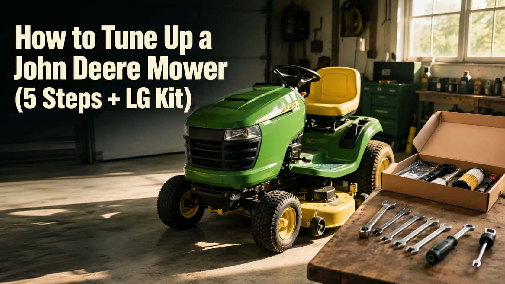 Green and yellow John Deere riding mower in a clean garage with an opened maintenance kit and hand tools ready for a spring tune-up.