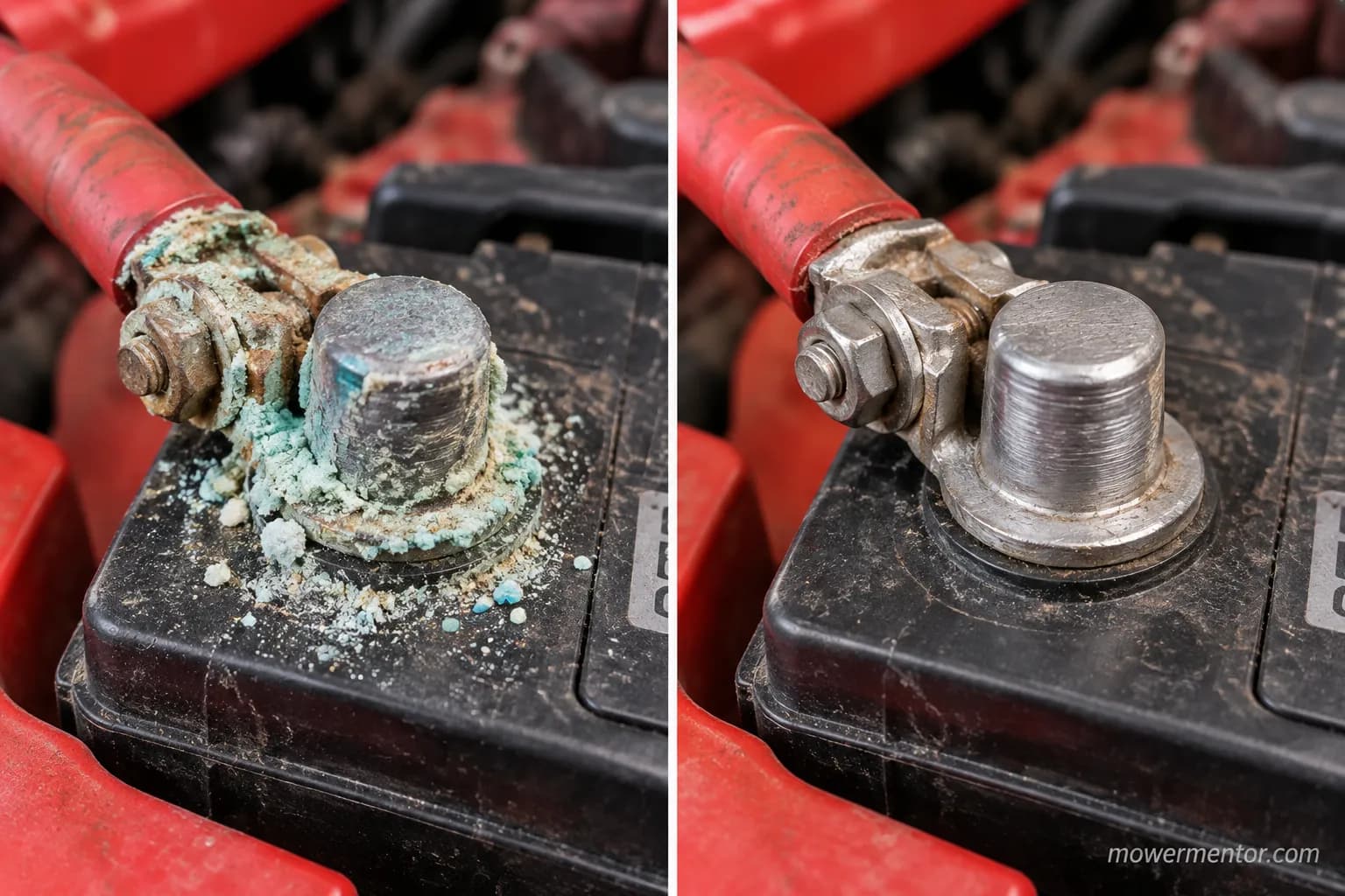 Before and after of a corroded versus cleaned battery terminal on a Husqvarna riding mower