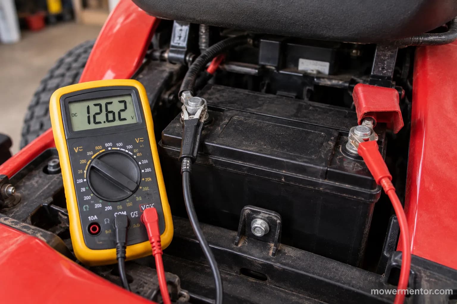 Multimeter reading resting voltage on a Husqvarna riding mower battery