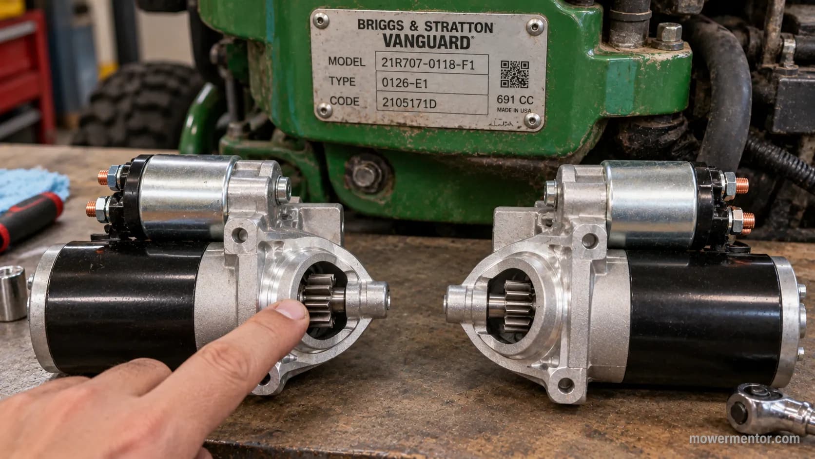 Husqvarna engine spec tag used to match the correct starter by rotation and teeth
