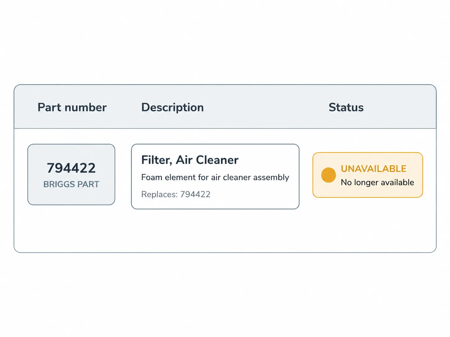 Parts catalogue illustration showing a Husqvarna air filter listed under a Briggs part number with an unavailable status.