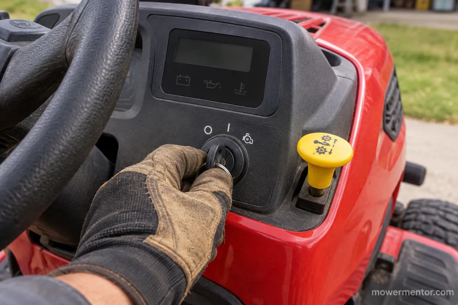Turning the key on a Husqvarna riding mower with no clicking and a dark dashboard