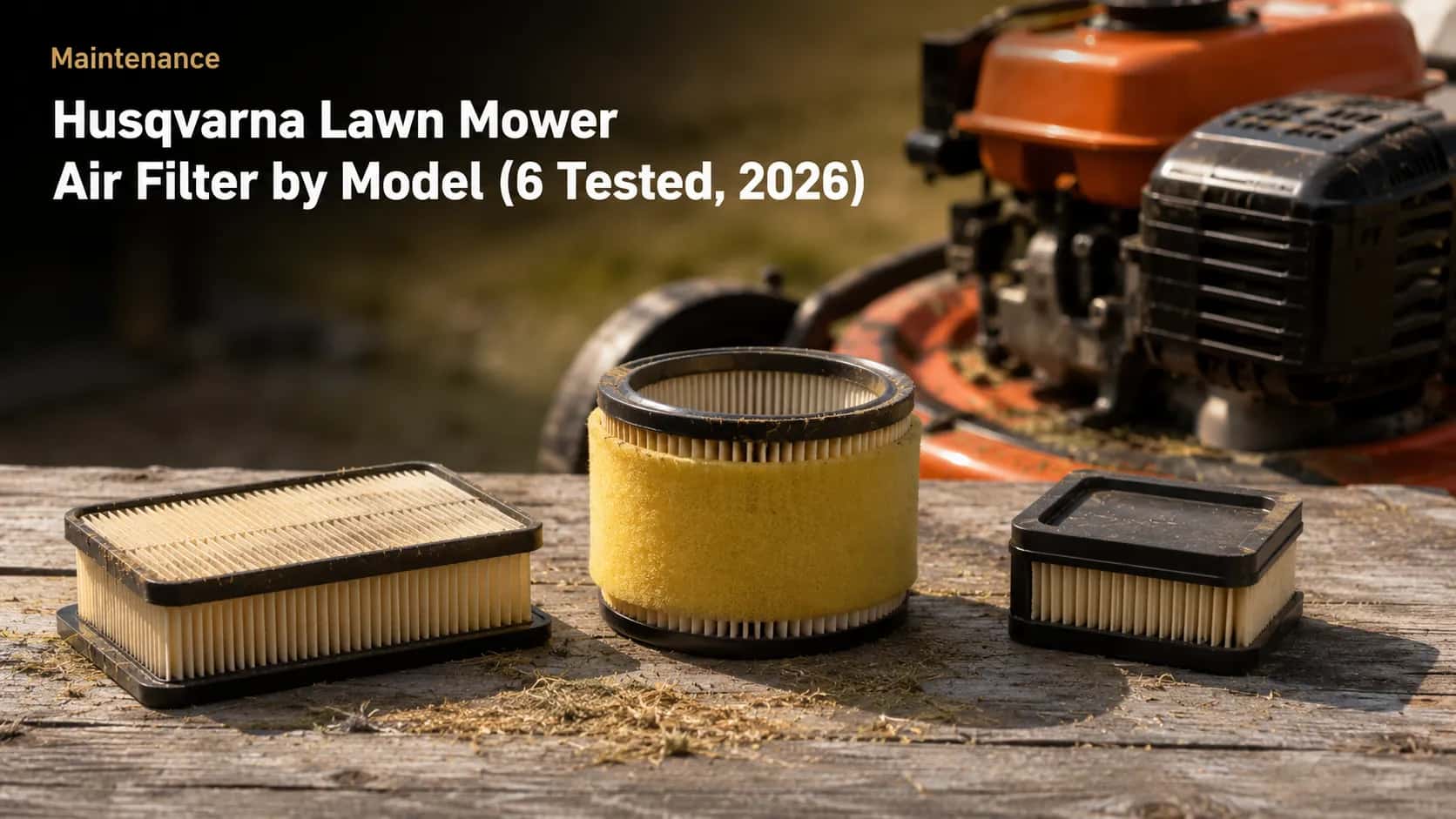 Three Husqvarna lawn mower air filters for different engine models on a weathered workbench with a mower engine in the background, comparing filter styles for 2026 maintenance guide.