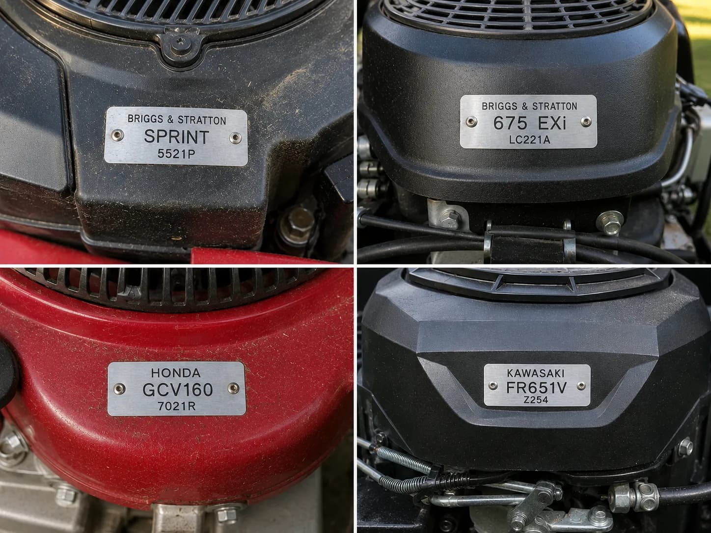 Four-panel collage of lawn mower engine identification labels showing Briggs & Stratton Sprint, Briggs 675 EXi, Honda GCV160, and Kawasaki FR651V engine families mounted on engine housings.