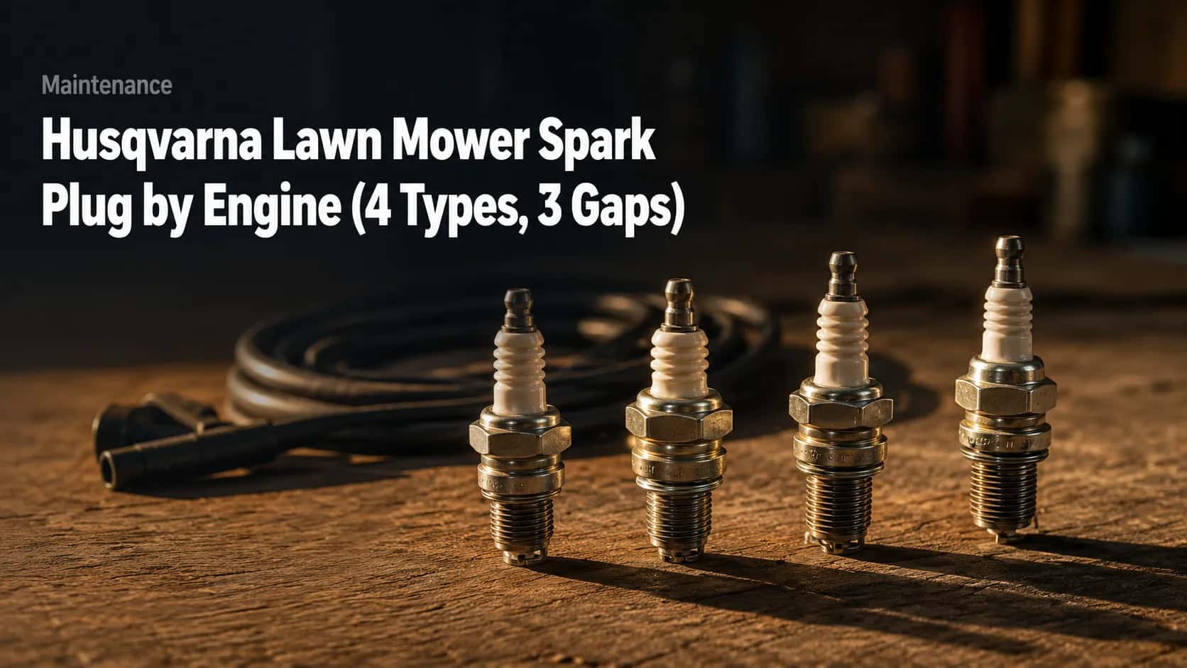 Featured cover showing four different lawn mower spark plugs on a wooden workbench, representing Husqvarna engine families with title overlay about four spark plug types and three gap sizes.