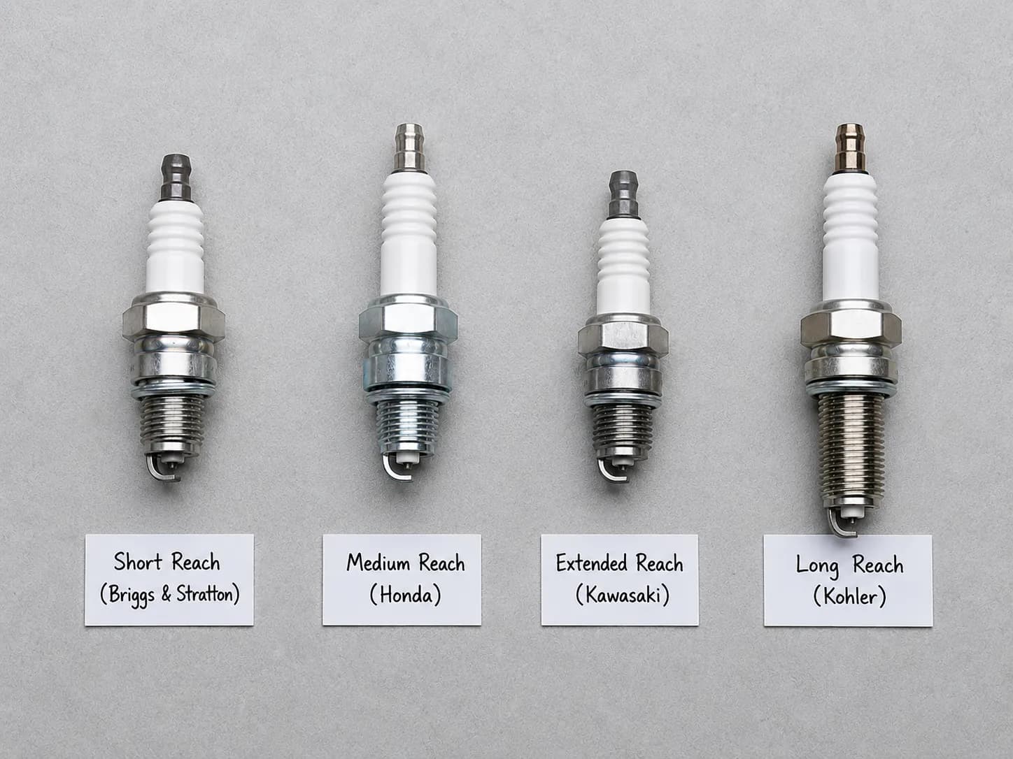 Flat lay of four different small engine spark plugs arranged side by side on a grey workshop mat with blank labels beneath, comparing varying plug lengths and hex sizes for lawn mower engines.