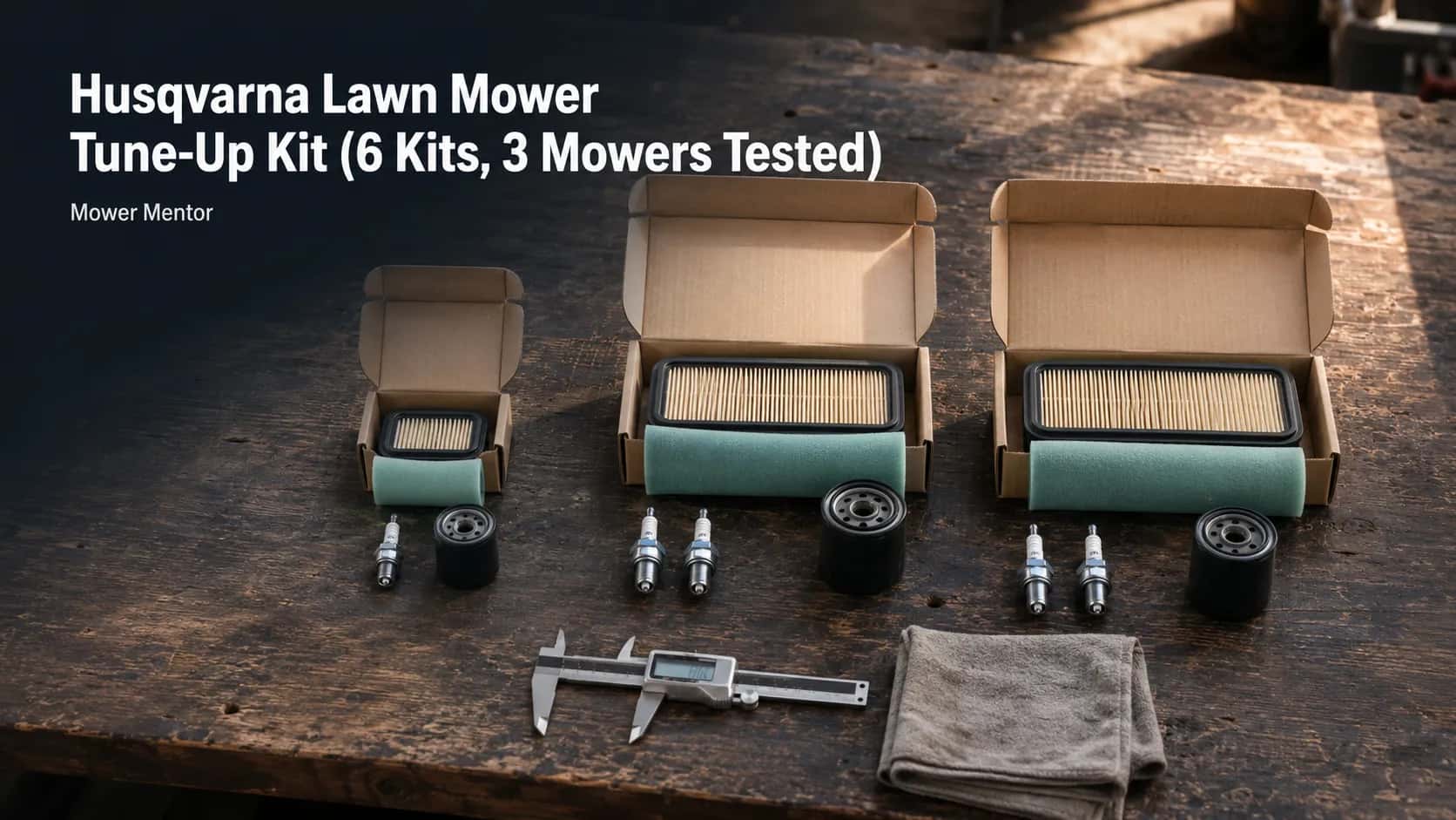 Three opened lawn mower tune-up kits compared on a wooden workbench with air filters, foam pre-cleaners, spark plugs and oil filters, showing size differences after testing six kits across 3 mowers.