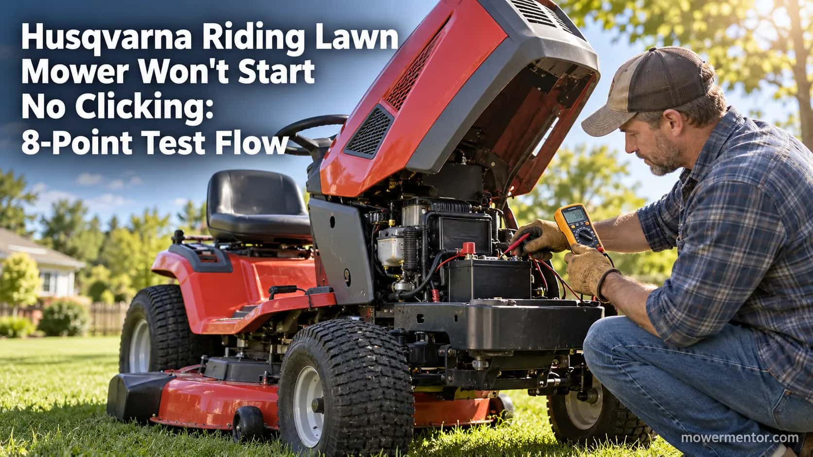 Husqvarna riding lawn mower with hood up and a multimeter during a no-clicking electrical diagnosis