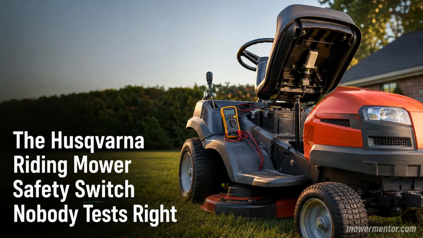 Husqvarna riding mower with the seat tilted up and a multimeter on the frame, ready for safety switch testing.