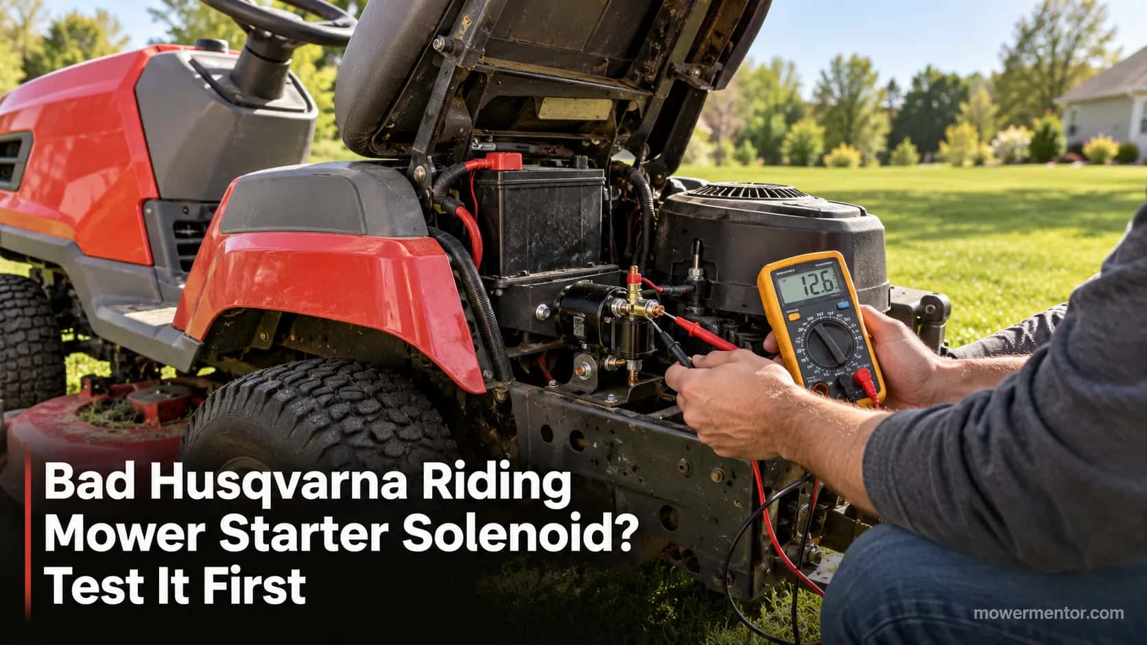 Testing a Husqvarna riding mower starter solenoid with a multimeter on a spring lawn