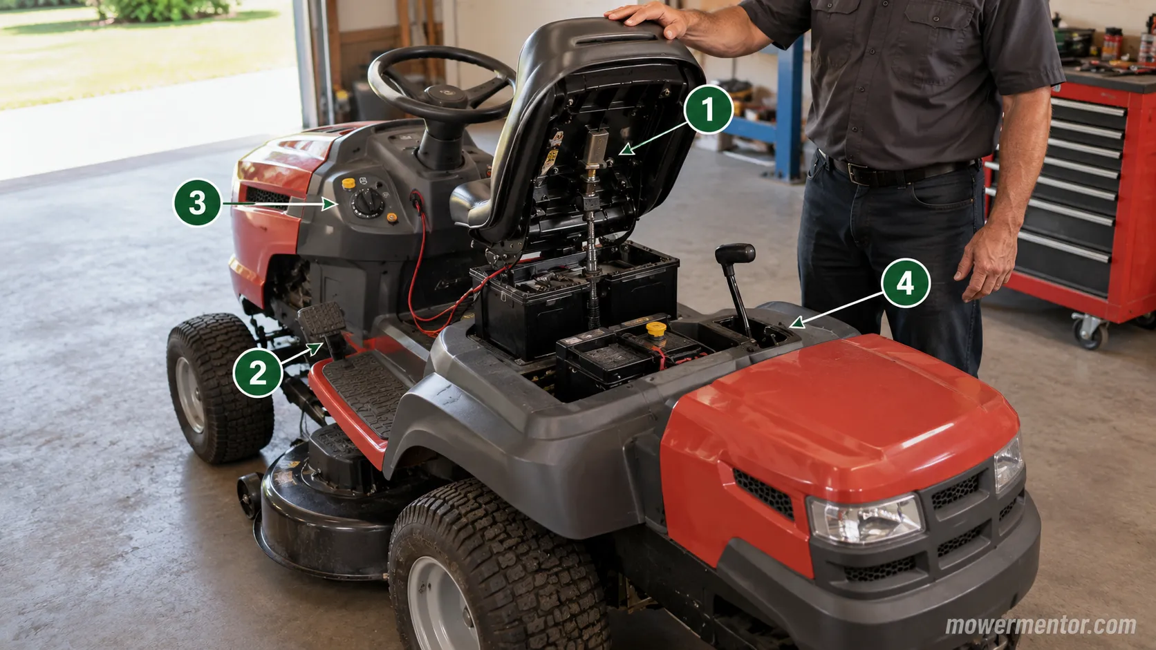 Husqvarna riding mower safety switch locations labeled on a test unit.