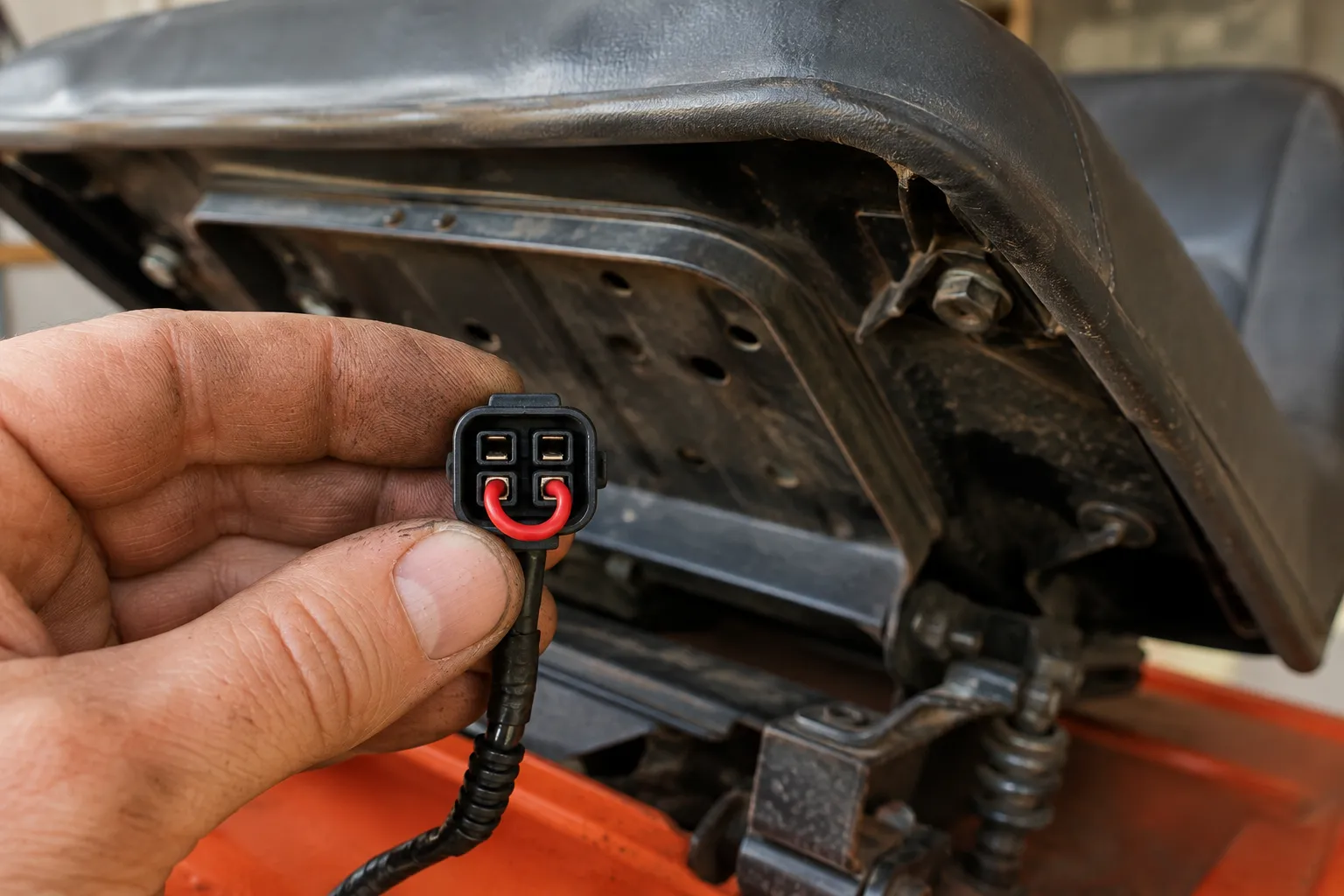 Jumper test on a Husqvarna seat safety switch plug to confirm the fault.