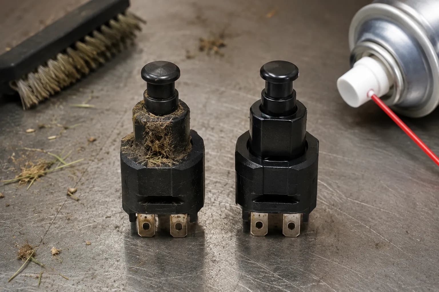 Cleaned versus debris-clogged Husqvarna seat safety switch plunger.
