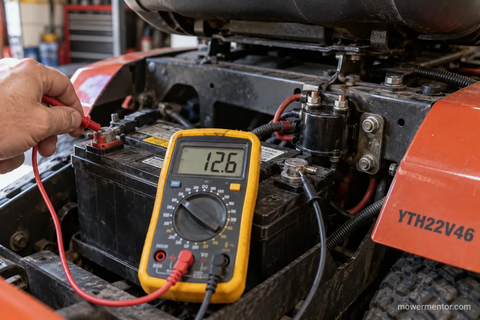 Multimeter reading 12.6 volts on a Husqvarna riding mower battery during a solenoid check