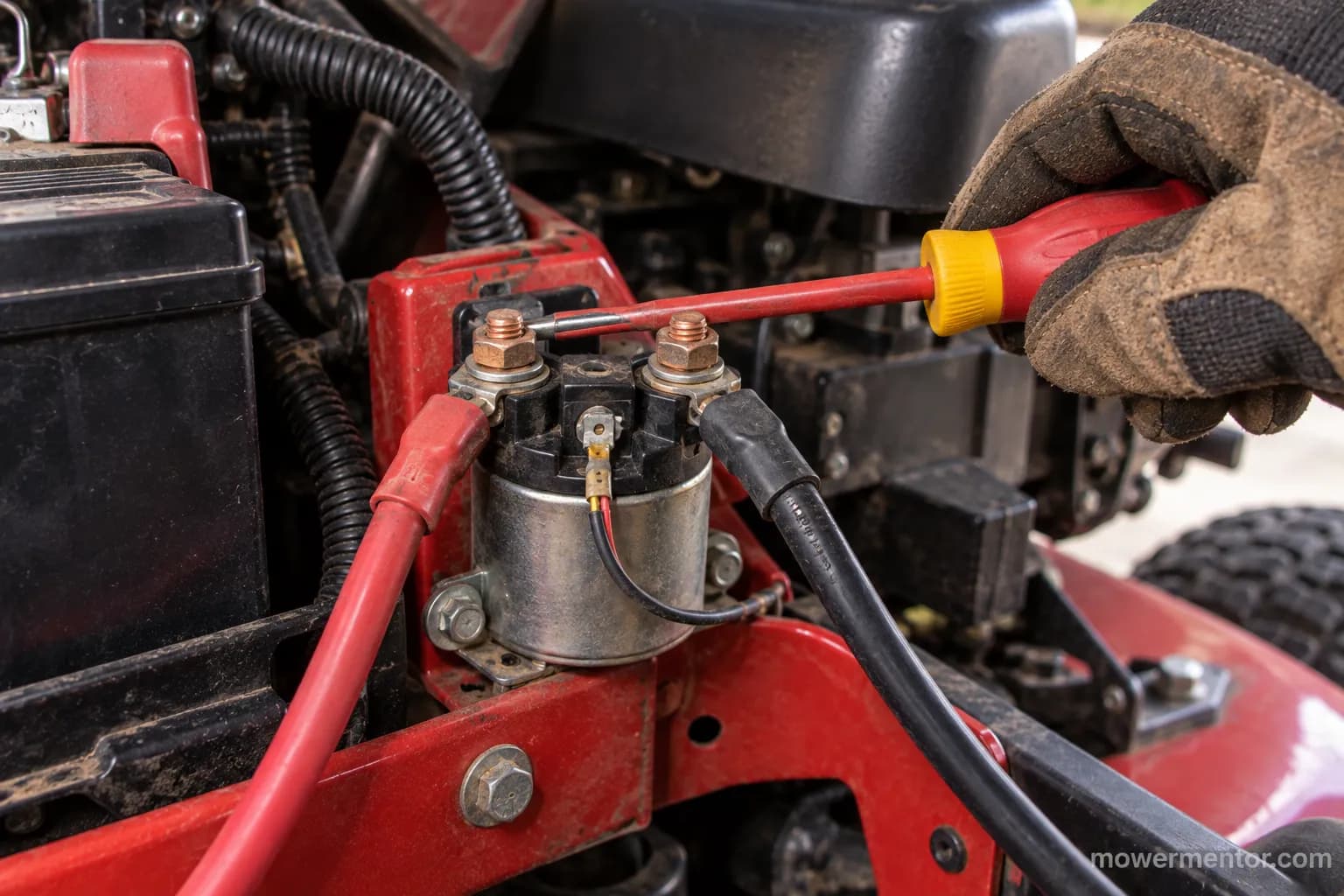 Bypassing a Husqvarna starter solenoid with an insulated screwdriver to test the starter