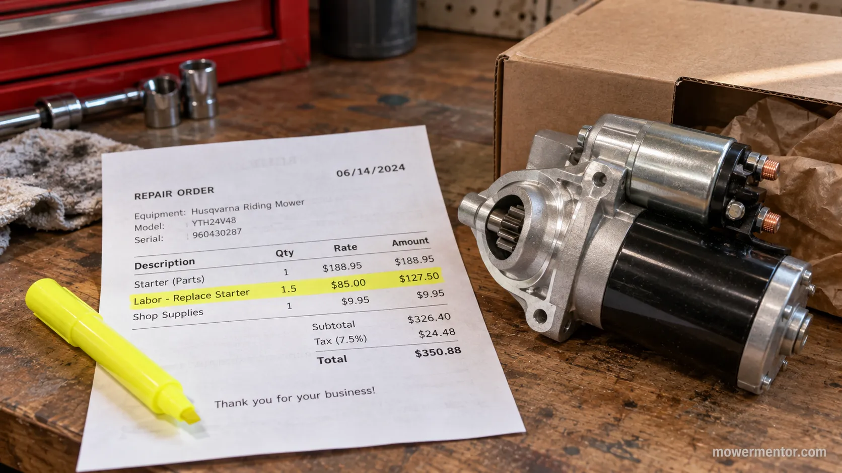 dated receipt for a Husqvarna riding mower starter replacement beside a new starter