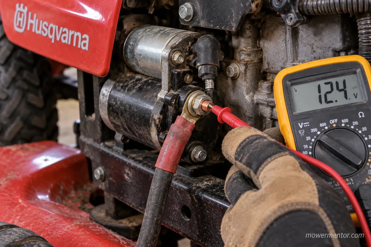 Measuring voltage at a Husqvarna starter terminal during a crank attempt