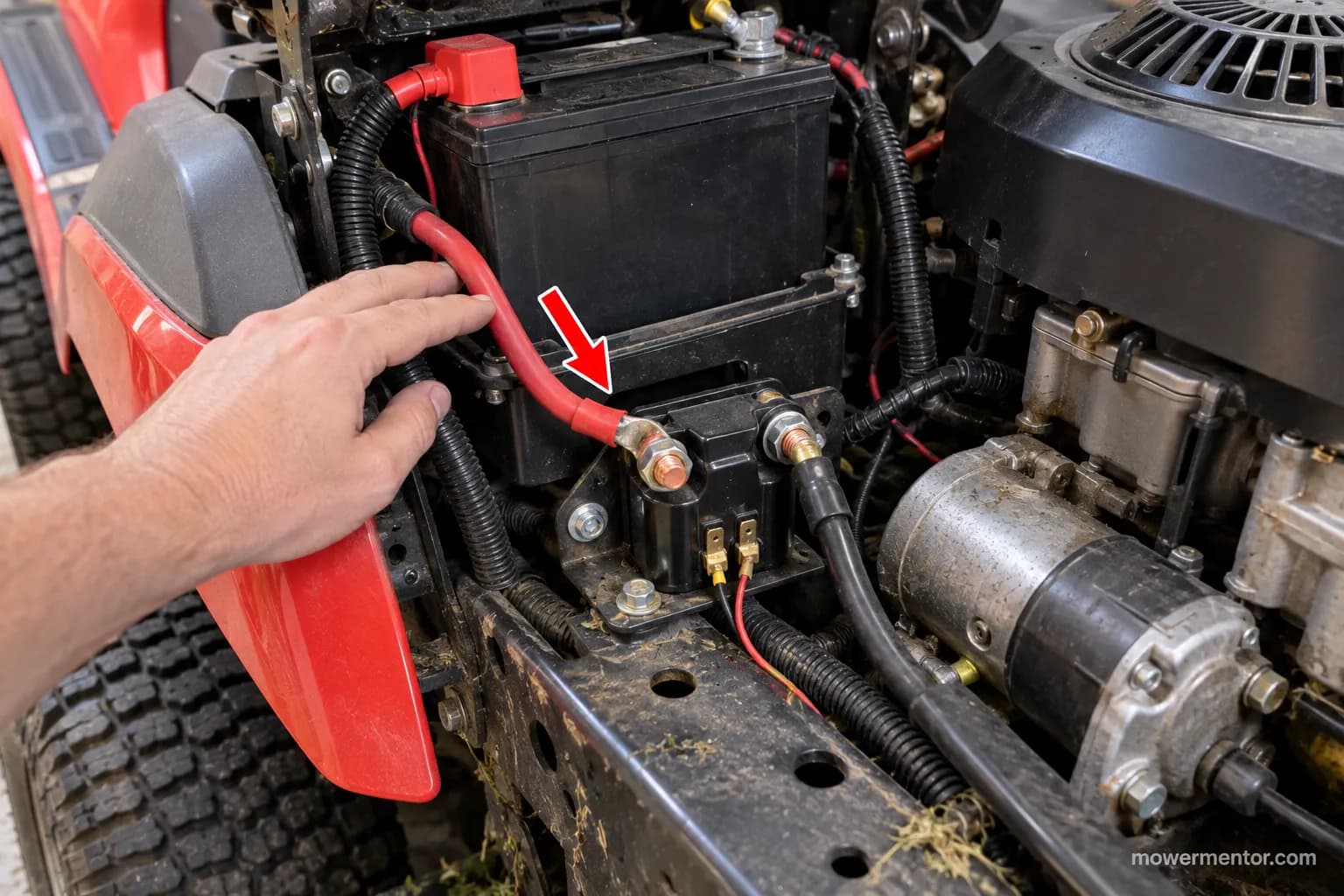 Starter solenoid location on a Husqvarna YTH22V46 riding mower with the battery cable traced