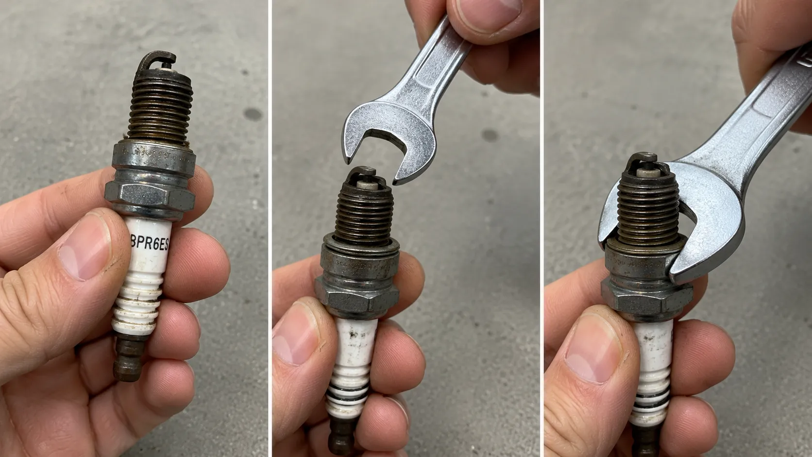 Three-step guide showing a used lawn mower spark plug with the part number visible, then an open-end wrench placed across the hex flats to identify the correct spark plug socket size.