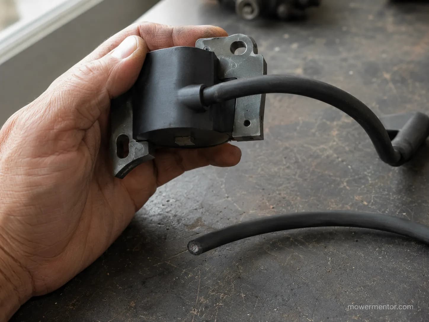 Small engine ignition coil with its high-tension lead emerging seamlessly from the coil body, with a cut cable section showing the exposed core on a workshop bench.