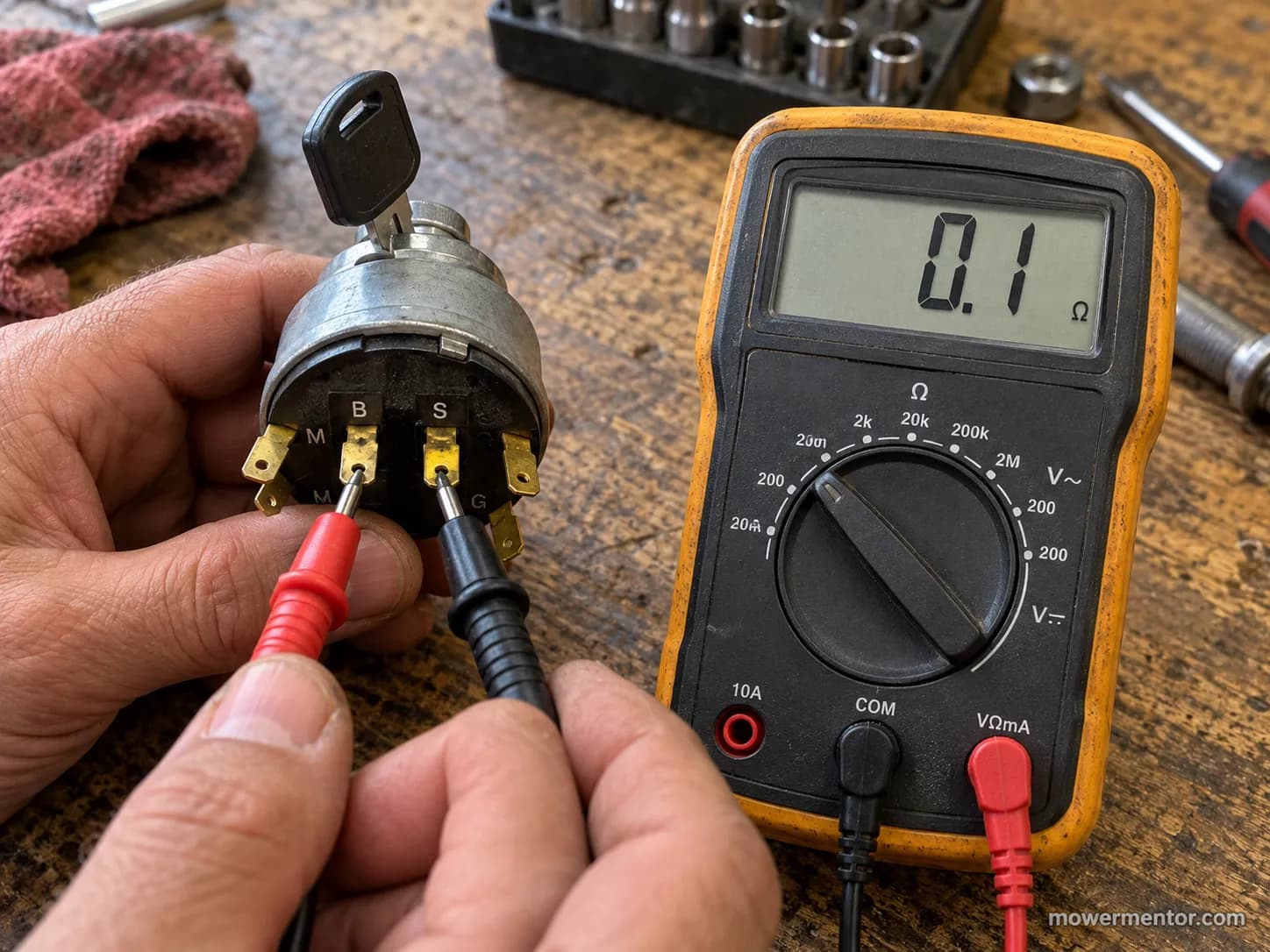 multimeter reading near zero ohms across B and S ignition switch terminals in start position