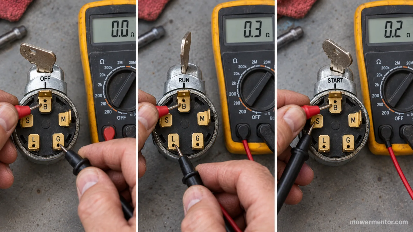 probe placement testing lawn mower ignition switch continuity in off run and start positions