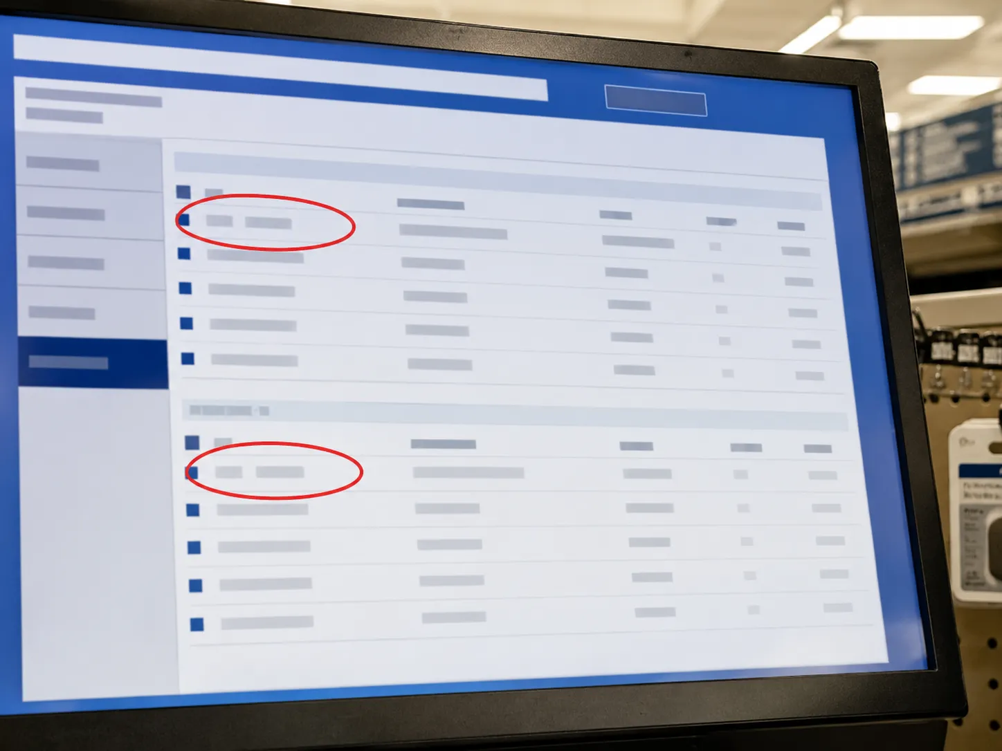 In-store parts lookup terminal showing a spark plug cross-reference search with two replacement part numbers circled, illustrating an R-prefix substitute for a non-R original plug.
