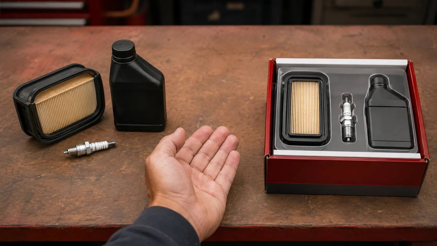 Loose air filter, spark plug, and oil bottle on one side of a workbench with a boxed maintenance kit on the other as a hand compares the two options.