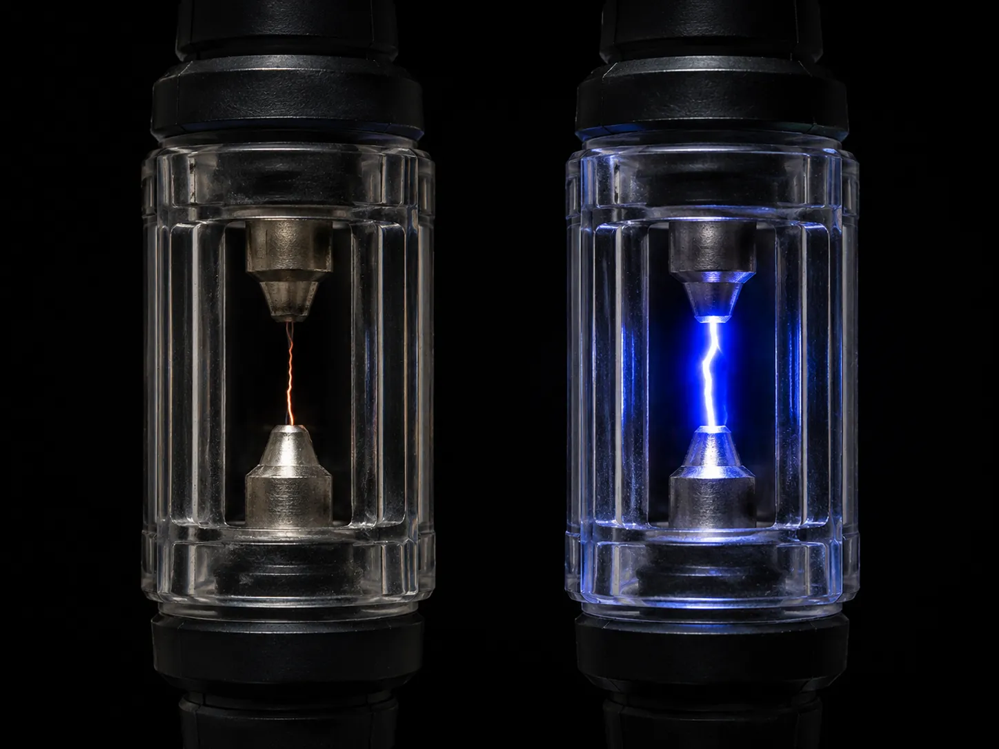Side-by-side inline spark testers comparing a weak intermittent orange spark with a strong blue-white spark, illustrating the difference between poor and healthy ignition system performance.