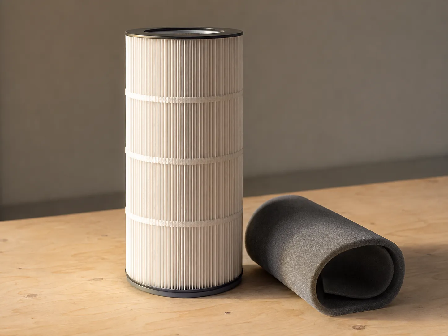 Tall Intek air filter cartridge with matching foam pre-cleaner sleeve on a wooden workbench, showing the replacement filter and foam pre-filter used for small engines.
