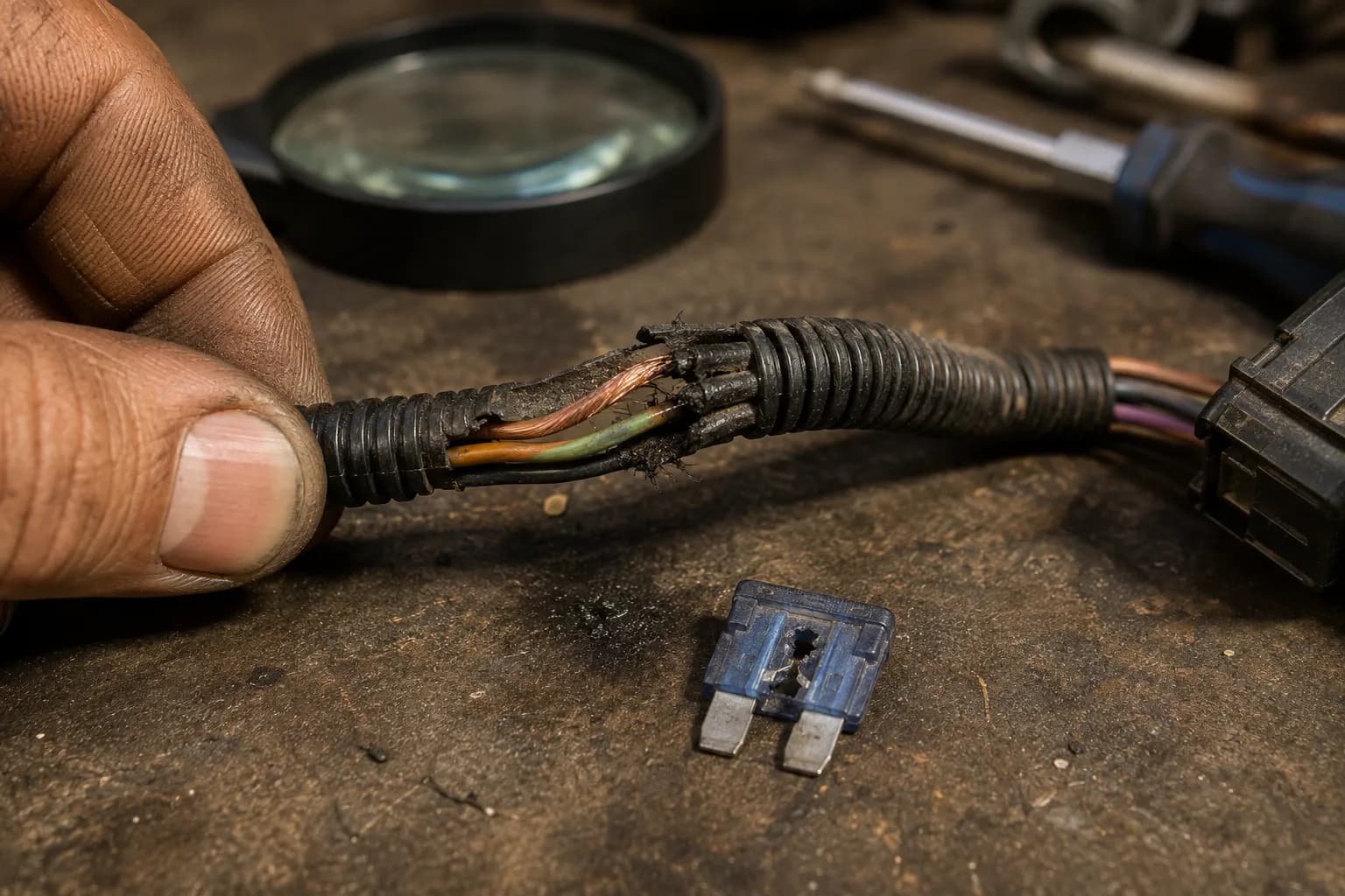 Chafed John Deere wiring harness that repeatedly blew the PTO fuse