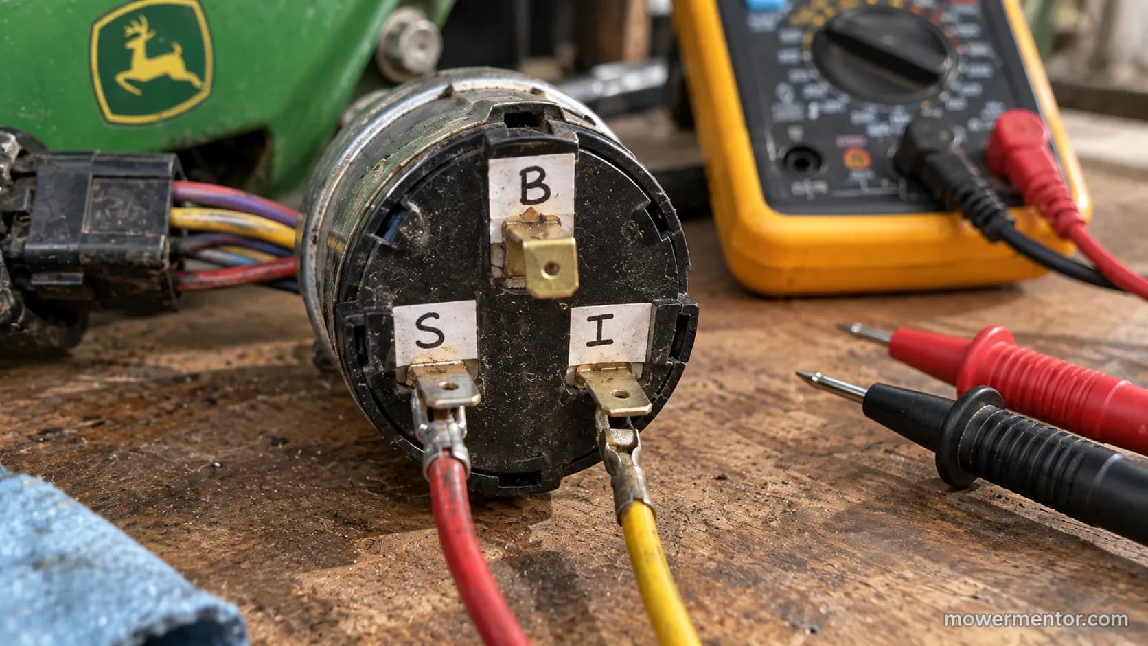 John Deere lawn mower ignition switch terminals labeled for a continuity test.