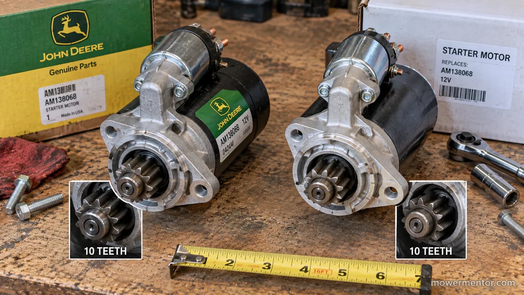 OEM and aftermarket John Deere riding mower starter compared side by side.