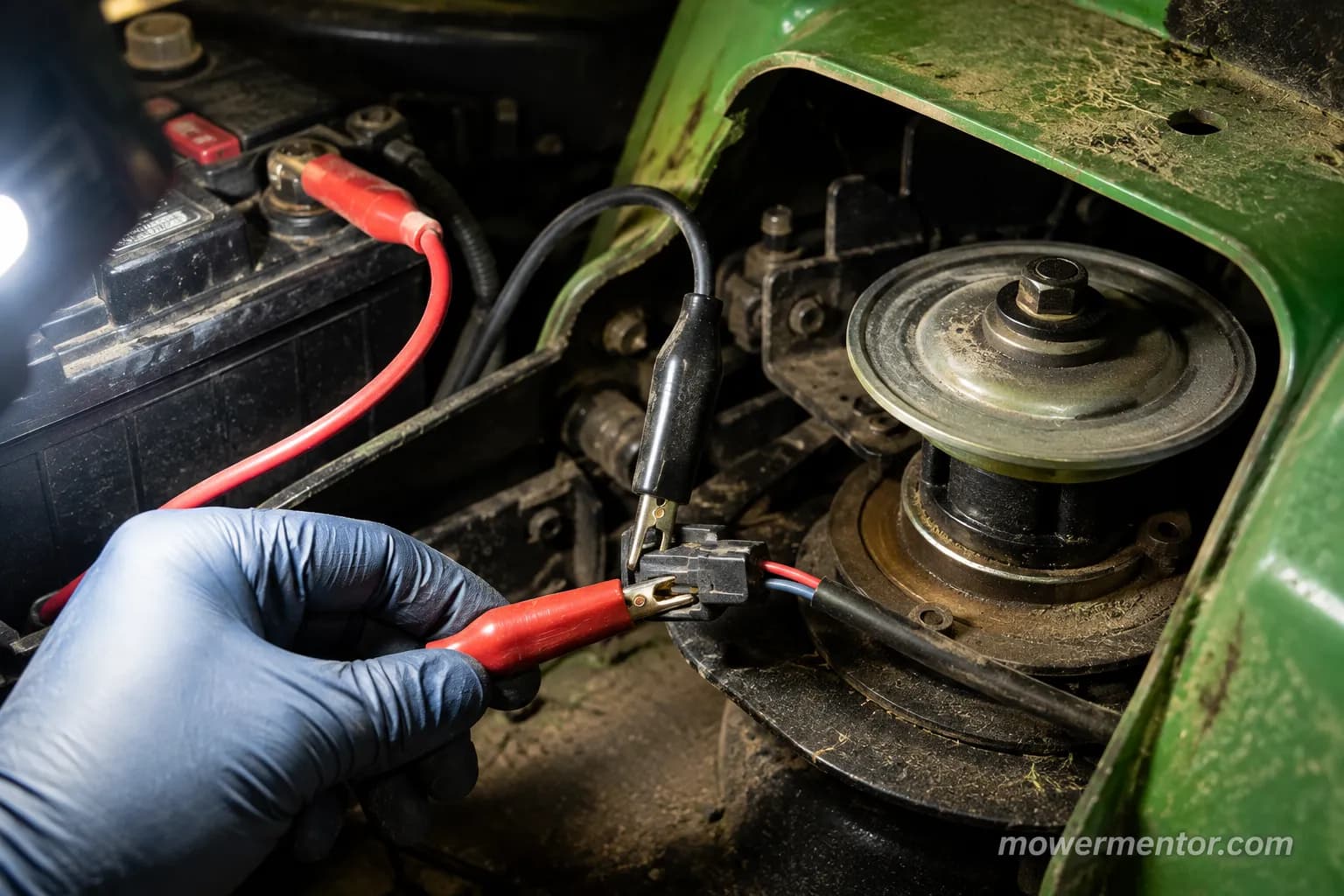 Jumping 12 volts directly to a John Deere PTO clutch to isolate the fault
