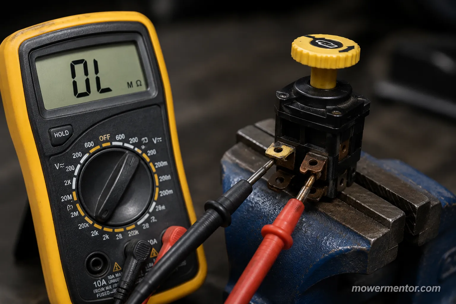 Multimeter continuity test on a John Deere lawn mower PTO switch reading open