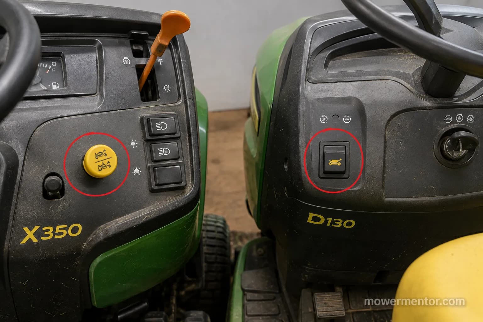 John Deere lawn mower PTO switch circled on X350 and D130 dashboards