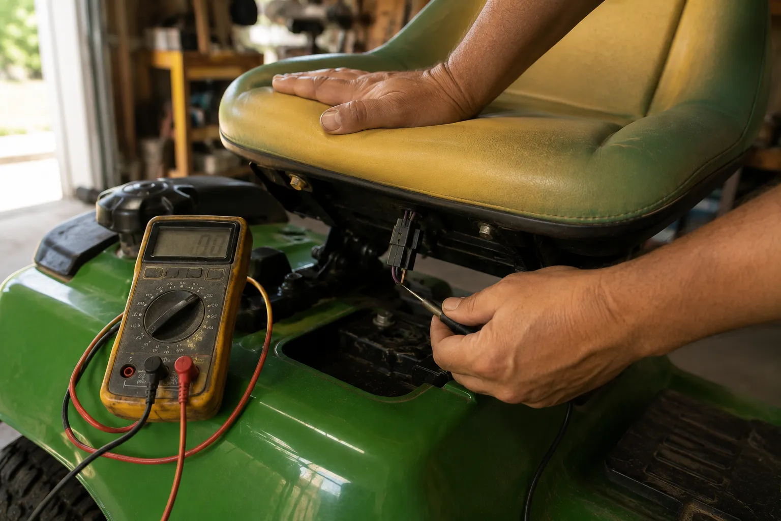 Testing a John Deere riding mower safety switch connector with a multimeter